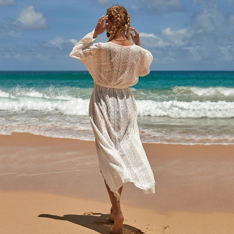 Crochet White Knitted Beach Cover Up Dress Tunic Long Pareos Bikinis Cover Ups Swim Cover Up Robe Plage Beachwear