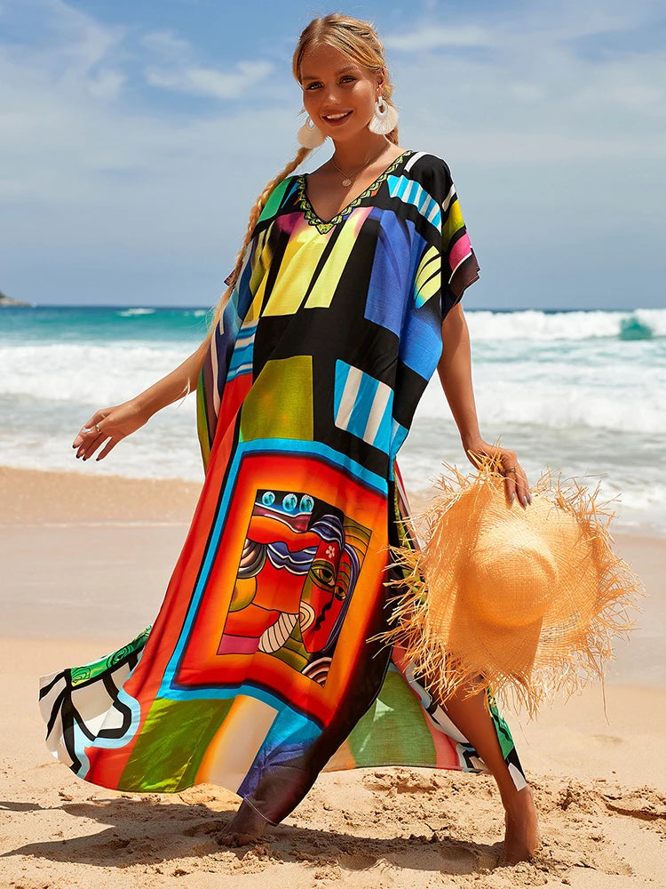 2025 Loose Boho Style Maxi Dress Print Face Swim Suit Cover-up Bohemian Dress Robe Plage Kaftan Maxi Dress Beach Wear Tunics