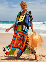 2025 Loose Boho Style Maxi Dress Print Face Swim Suit Cover-up Bohemian Dress Robe Plage Kaftan Maxi Dress Beach Wear Tunics