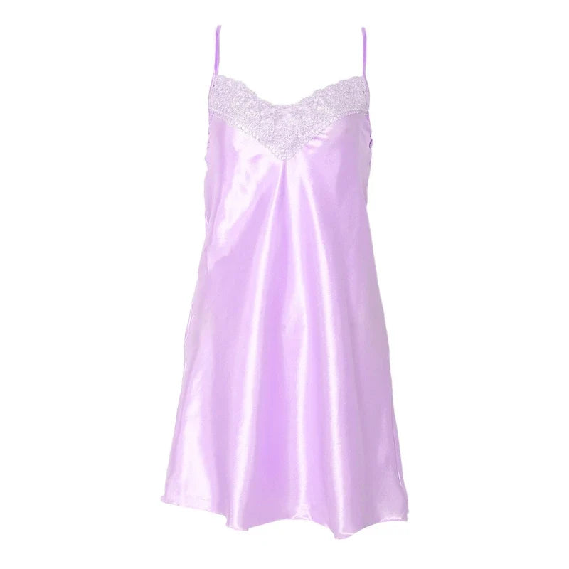 Women Ice Silk Cool Nightgown Pyjamas Sexy V Neck Sleepwear Nightwear