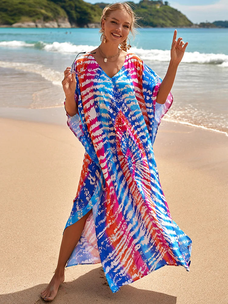2025 Loose Boho Style Maxi Dress Print Face Swim Suit Cover-up Bohemian Dress Robe Plage Kaftan Maxi Dress Beach Wear Tunics