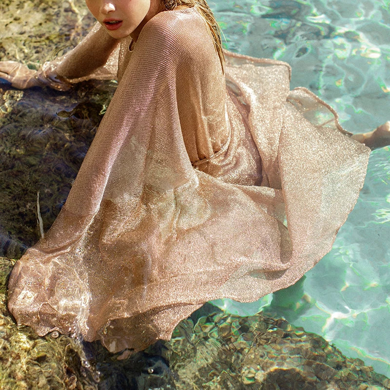 Women Transparent Kimono Golden Beach Cover Up Long Dress Swimwear Bathing Suit Beachwear Cardigan Summer Robe De Plage