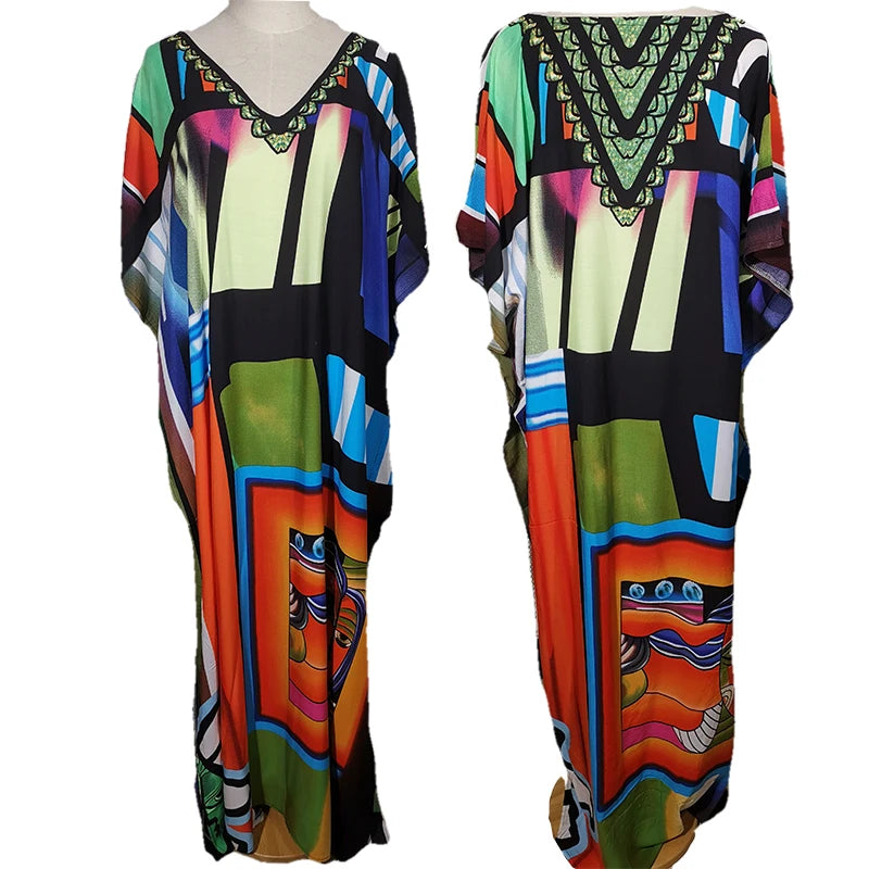 2025 Loose Boho Style Maxi Dress Print Face Swim Suit Cover-up Bohemian Dress Robe Plage Kaftan Maxi Dress Beach Wear Tunics