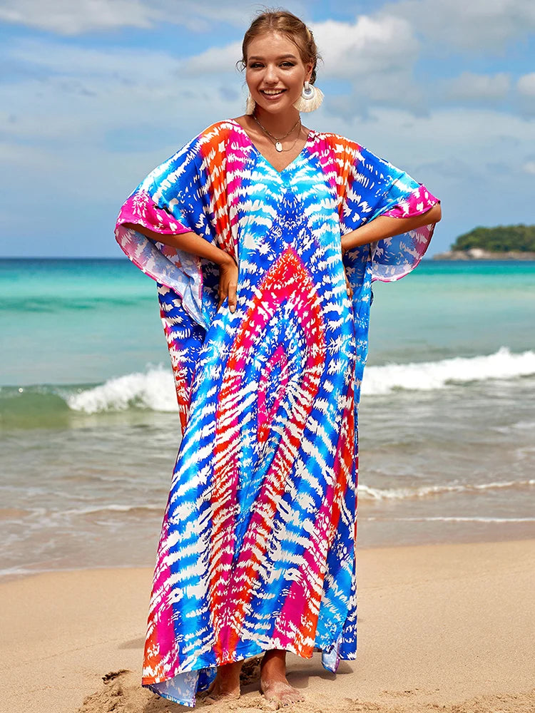 2025 Loose Boho Style Maxi Dress Print Face Swim Suit Cover-up Bohemian Dress Robe Plage Kaftan Maxi Dress Beach Wear Tunics