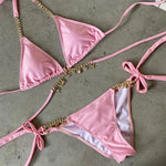 Sexy Luxury Bikini 2026 Women Crystal Rhinestones Push Up Micro Swimsuit Neon Orange Metal Chain Diamond High Cut Thong Swimwear