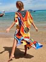 2025 Loose Boho Style Maxi Dress Print Face Swim Suit Cover-up Bohemian Dress Robe Plage Kaftan Maxi Dress Beach Wear Tunics