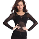 Hot NewSpring Summer Womens Long Sleeve Sexy Black Mesh Top T Shirts Transparent Punk Club Streetwear Tees Beach Tops