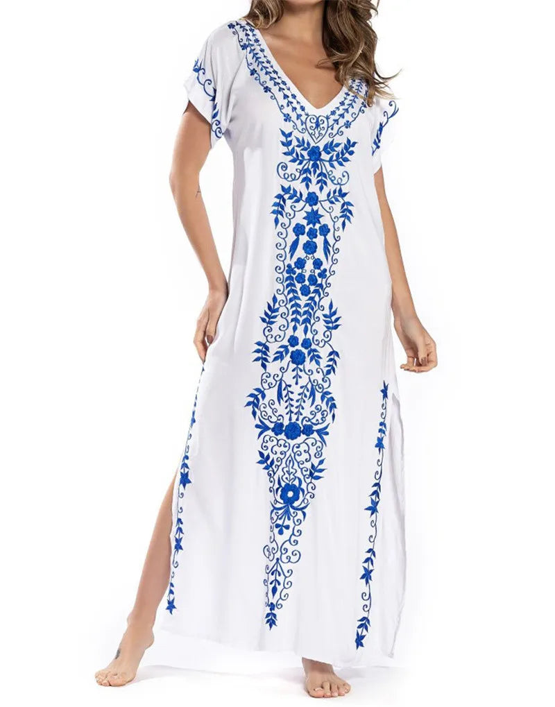 2026 Indie Folk Embroidered Short Sleeve Summer Dress Cotton Tunic Beach Kaftan Women Beachwear Swimsuit Cover Up Robe de plage