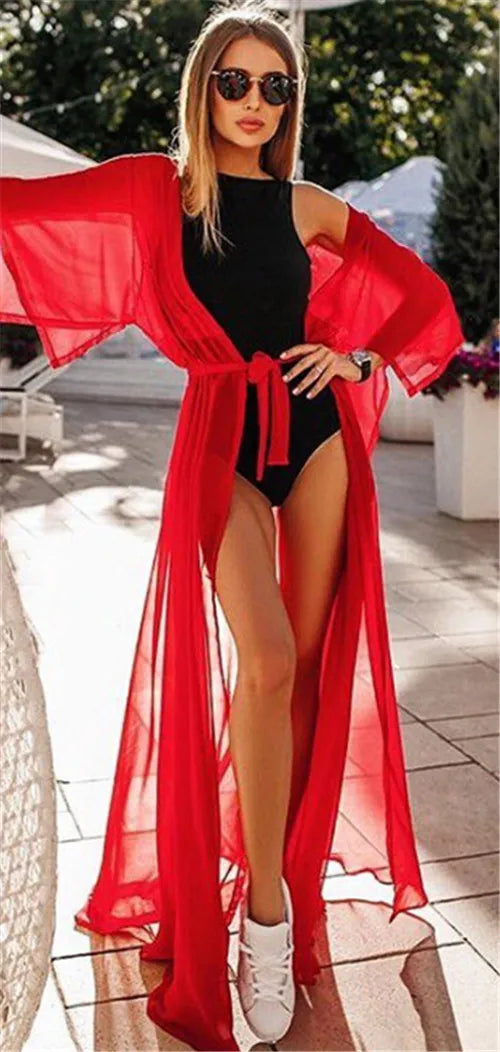 Summer Lady Beach Cover Up Sexy Bikini 2024 Chiffon Long Dress For Women Solid Beach Dress Women Bathing Suit Beach Tunic Kaftan