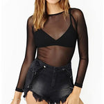 Hot NewSpring Summer Womens Long Sleeve Sexy Black Mesh Top T Shirts Transparent Punk Club Streetwear Tees Beach Tops