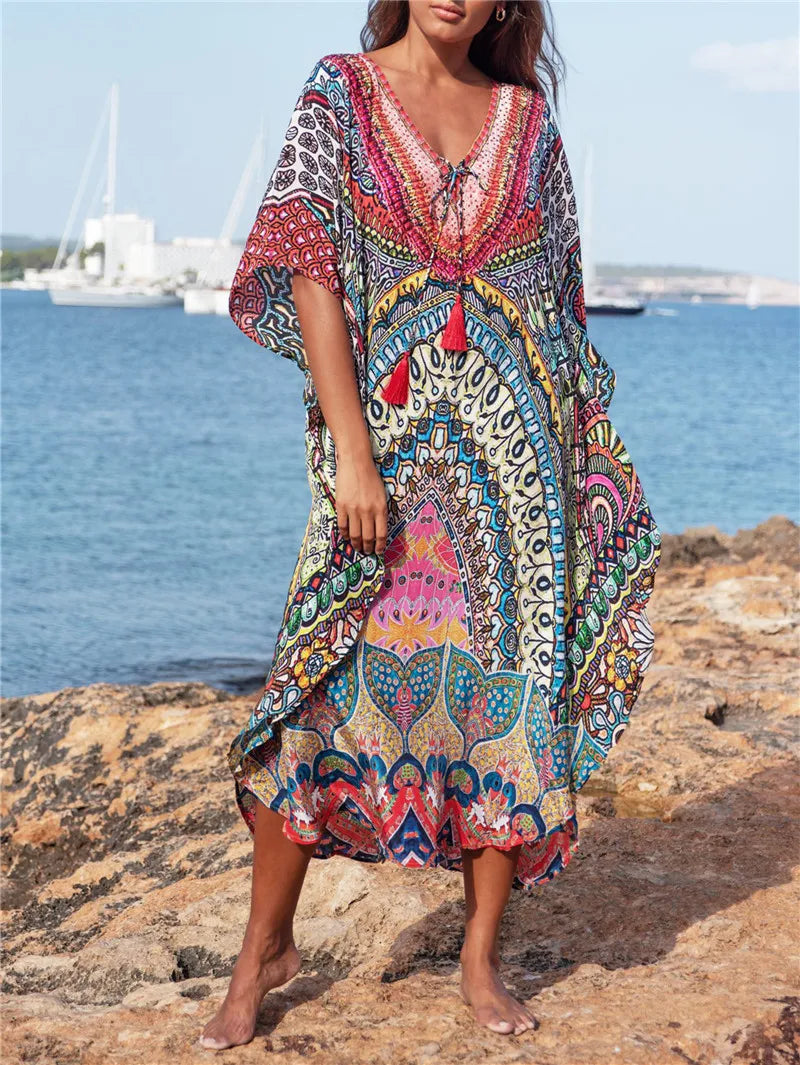 2026 Indie Folk Embroidered Short Sleeve Summer Dress Cotton Tunic Beach Kaftan Women Beachwear Swimsuit Cover Up Robe de plage