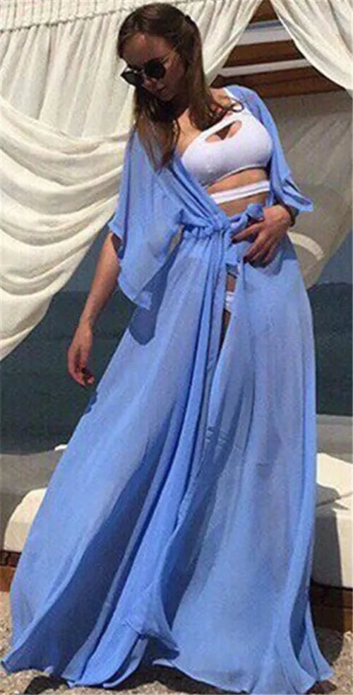 Summer Lady Beach Cover Up Sexy Bikini 2024 Chiffon Long Dress For Women Solid Beach Dress Women Bathing Suit Beach Tunic Kaftan