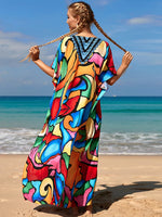 2025 Loose Boho Style Maxi Dress Print Face Swim Suit Cover-up Bohemian Dress Robe Plage Kaftan Maxi Dress Beach Wear Tunics