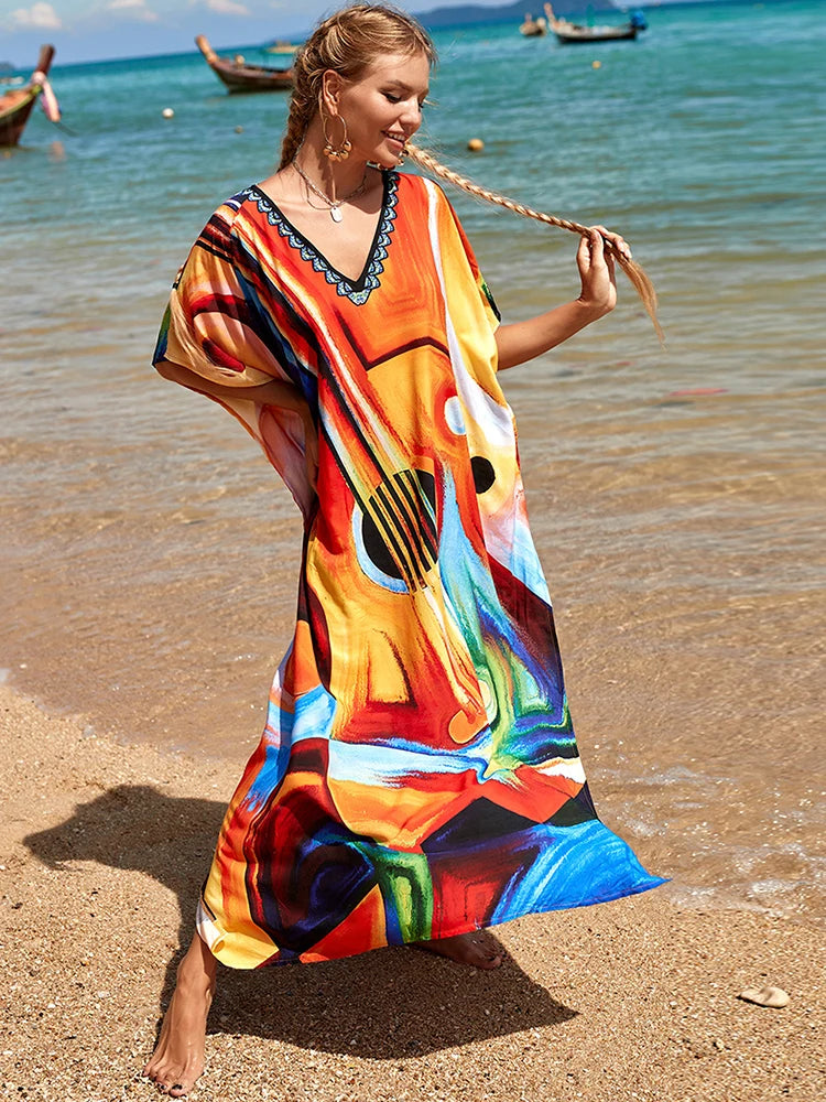 2025 Loose Boho Style Maxi Dress Print Face Swim Suit Cover-up Bohemian Dress Robe Plage Kaftan Maxi Dress Beach Wear Tunics