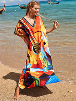 2025 Loose Boho Style Maxi Dress Print Face Swim Suit Cover-up Bohemian Dress Robe Plage Kaftan Maxi Dress Beach Wear Tunics