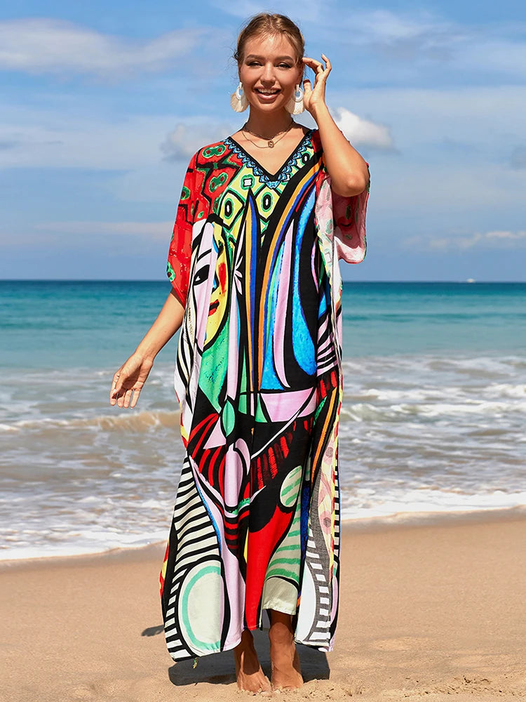 2025 Loose Boho Style Maxi Dress Print Face Swim Suit Cover-up Bohemian Dress Robe Plage Kaftan Maxi Dress Beach Wear Tunics
