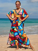 2025 Loose Boho Style Maxi Dress Print Face Swim Suit Cover-up Bohemian Dress Robe Plage Kaftan Maxi Dress Beach Wear Tunics