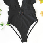 Sexy One Piece Swimsuit 2025 White Deep-V Neck Swimwear Women Black Beach High Cut Ruffles Monokini Buckle Bathing Suit Bodysuit