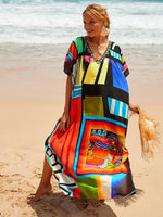 2025 Loose Boho Style Maxi Dress Print Face Swim Suit Cover-up Bohemian Dress Robe Plage Kaftan Maxi Dress Beach Wear Tunics