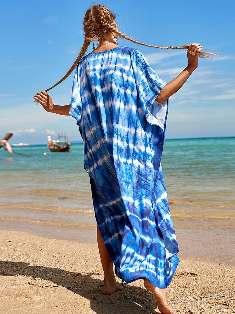 2025 Loose Boho Style Maxi Dress Print Face Swim Suit Cover-up Bohemian Dress Robe Plage Kaftan Maxi Dress Beach Wear Tunics