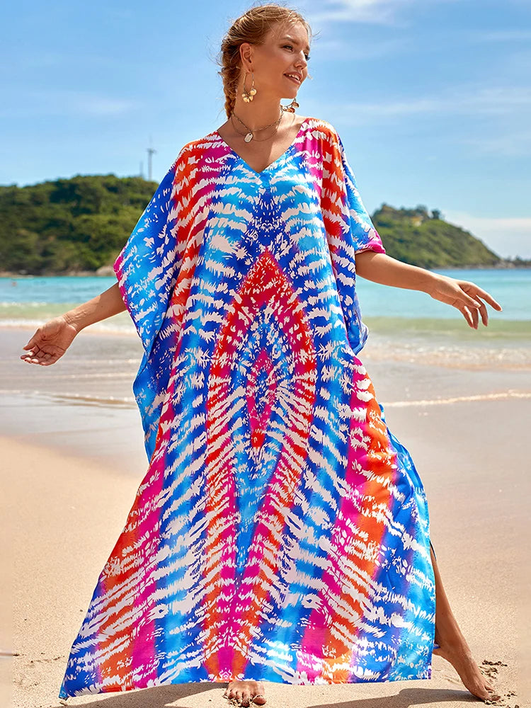 2025 Loose Boho Style Maxi Dress Print Face Swim Suit Cover-up Bohemian Dress Robe Plage Kaftan Maxi Dress Beach Wear Tunics