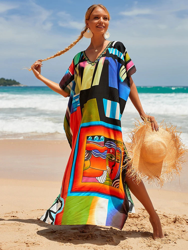 2025 Loose Boho Style Maxi Dress Print Face Swim Suit Cover-up Bohemian Dress Robe Plage Kaftan Maxi Dress Beach Wear Tunics