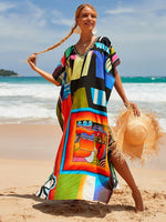2025 Loose Boho Style Maxi Dress Print Face Swim Suit Cover-up Bohemian Dress Robe Plage Kaftan Maxi Dress Beach Wear Tunics