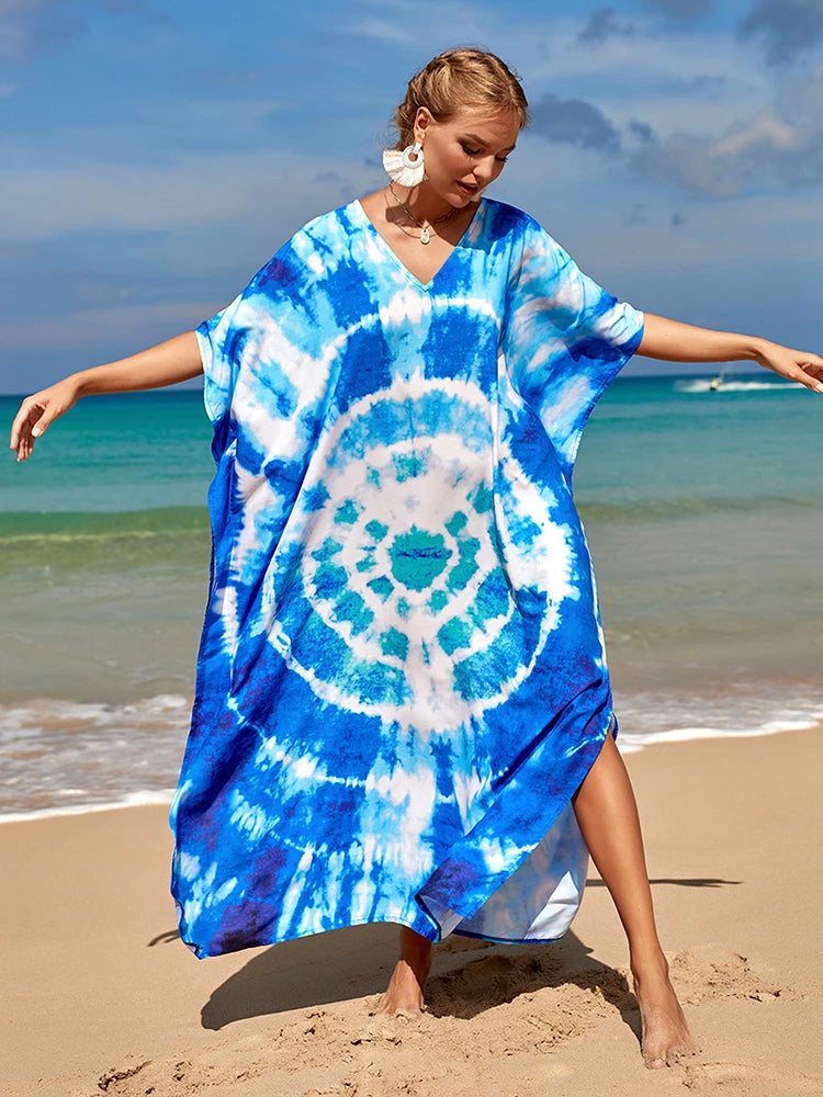 2025 Loose Boho Style Maxi Dress Print Face Swim Suit Cover-up Bohemian Dress Robe Plage Kaftan Maxi Dress Beach Wear Tunics
