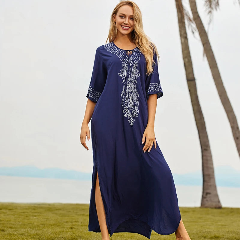 2026 Indie Folk Embroidered Short Sleeve Summer Dress Cotton Tunic Beach Kaftan Women Beachwear Swimsuit Cover Up Robe de plage