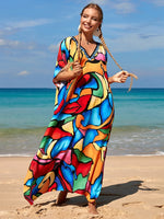 2025 Loose Boho Style Maxi Dress Print Face Swim Suit Cover-up Bohemian Dress Robe Plage Kaftan Maxi Dress Beach Wear Tunics