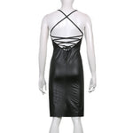Women Sexy Suspender Mid-length Bodycon Dress Fashion Solid Color Leather Bandage Backless Skinny Split Dress For Female Mujer