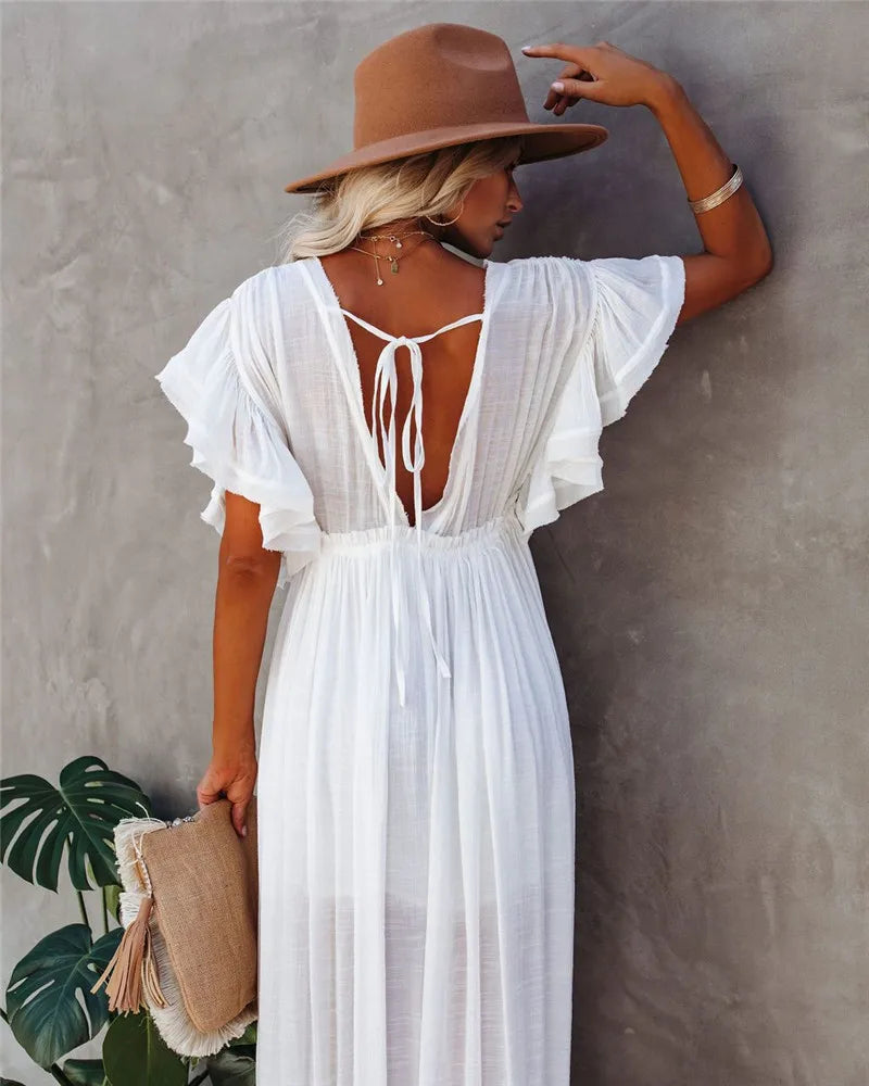 Crochet White Knitted Beach Cover Up Dress Tunic Long Pareos Bikinis Cover Ups Swim Cover Up Robe Plage Beachwear