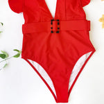Sexy One Piece Swimsuit 2025 White Deep-V Neck Swimwear Women Black Beach High Cut Ruffles Monokini Buckle Bathing Suit Bodysuit