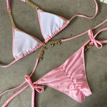 Sexy Luxury Bikini 2026 Women Crystal Rhinestones Push Up Micro Swimsuit Neon Orange Metal Chain Diamond High Cut Thong Swimwear