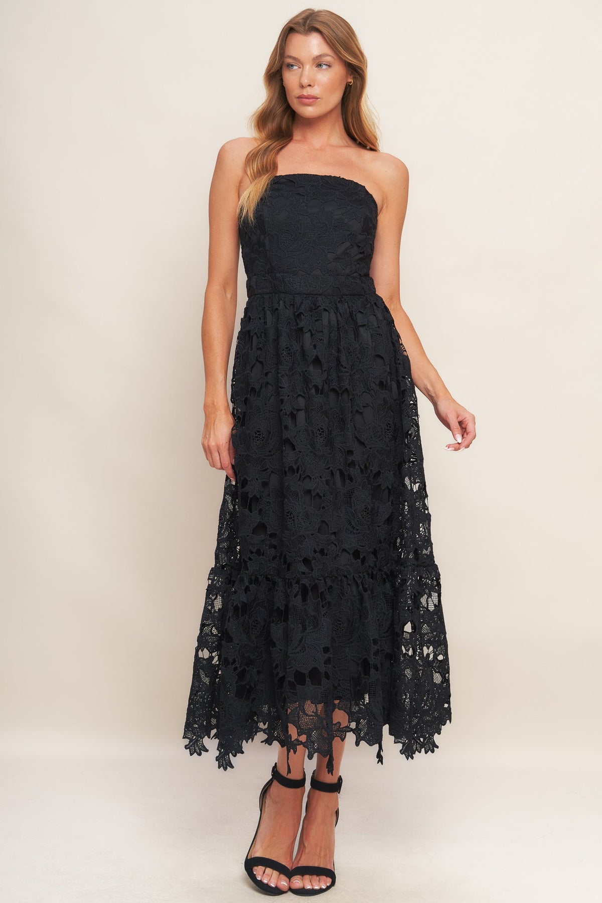 CAREFREE NIGHTS BLACK LACE MIDI DRESS