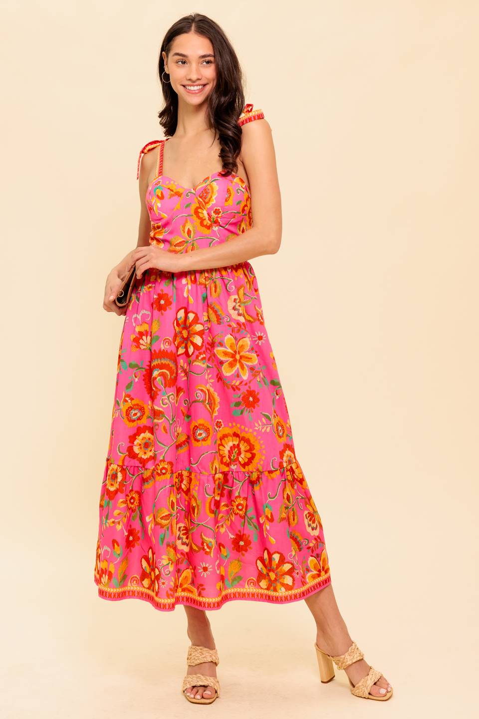 GARDEN GATHERING PINK WOVEN MIDI DRESS