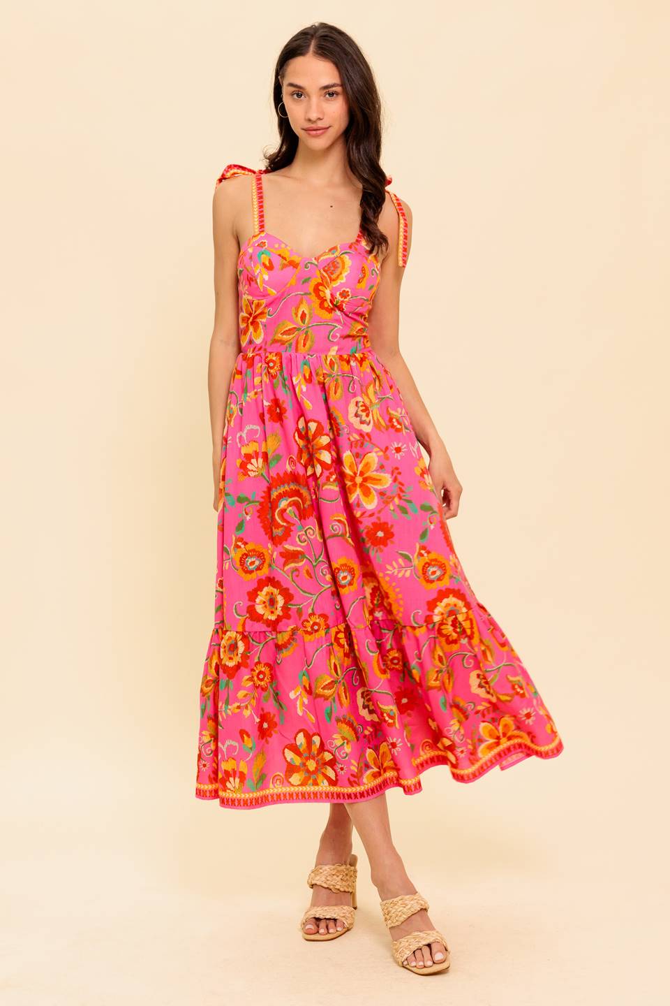 GARDEN GATHERING PINK WOVEN MIDI DRESS