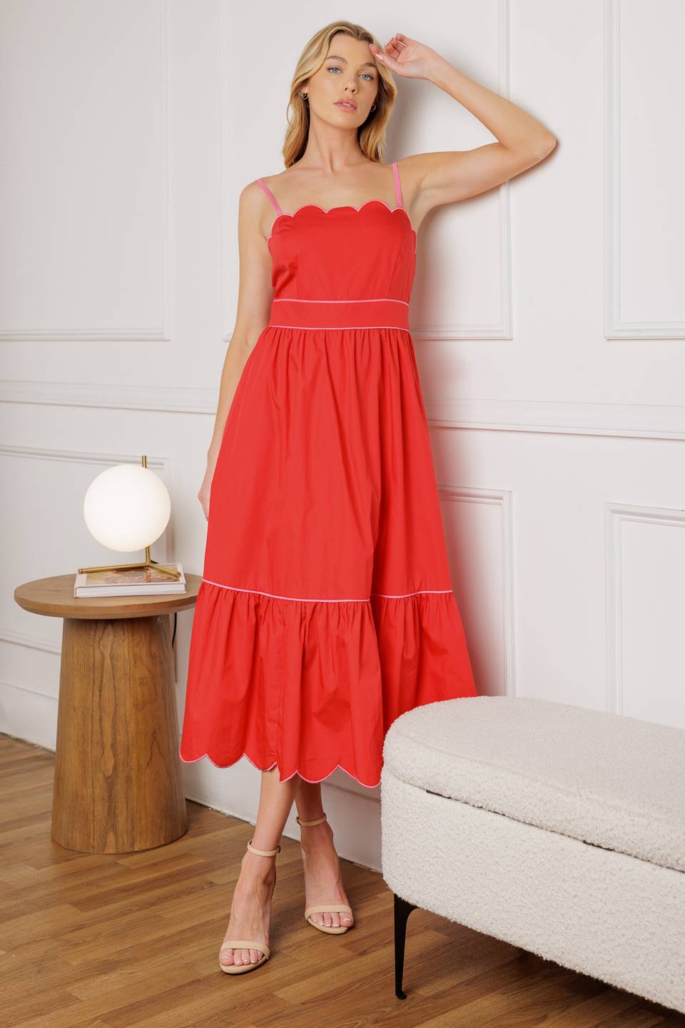 RUSTIC DREAM RED WOVEN MIDI DRESS