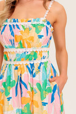 SUNLIT GARDEN PINK BLUE WOVEN MIDI DRESS