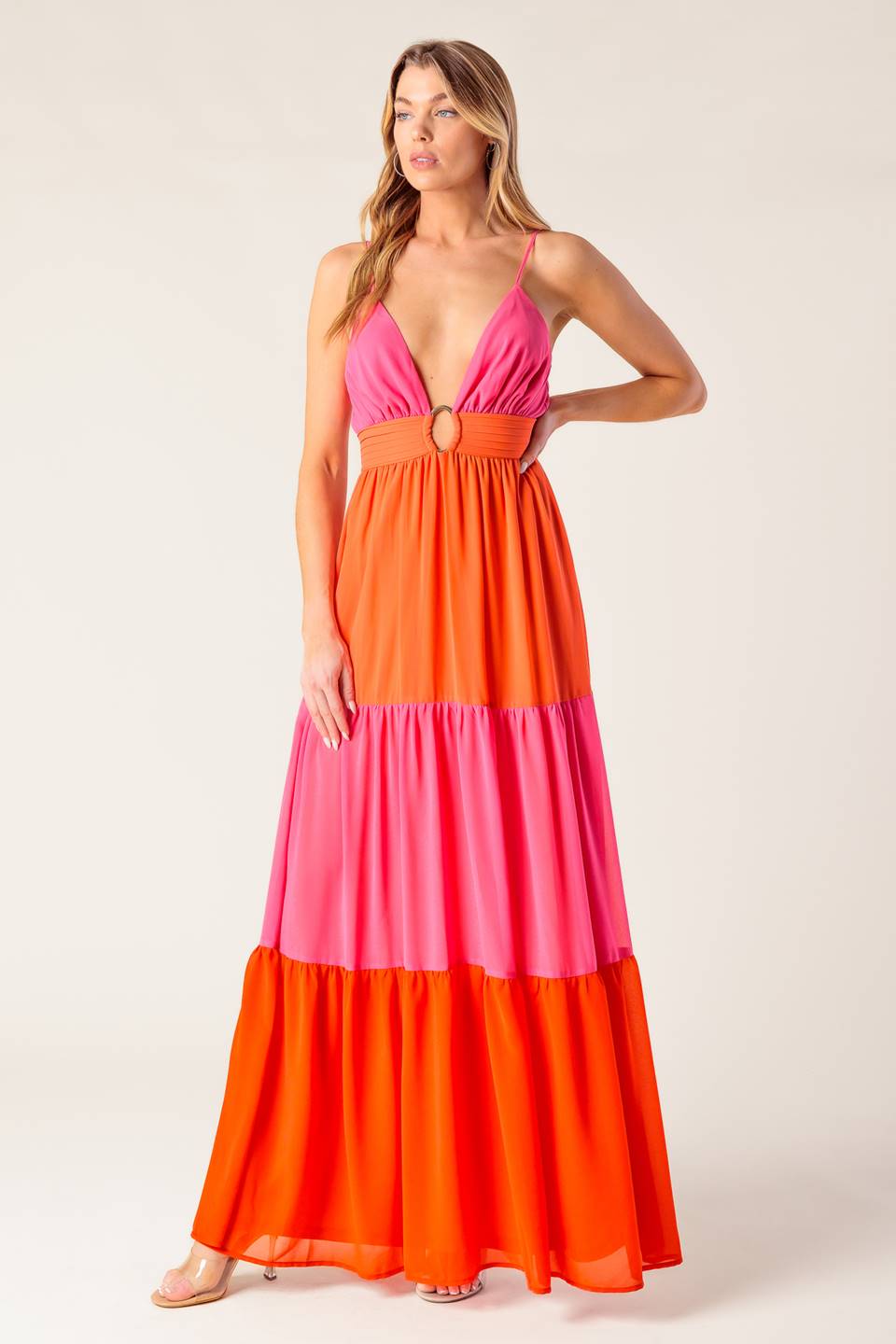 REGAL RISE WOVEN COLOR BLOCKED MAXI DRESS