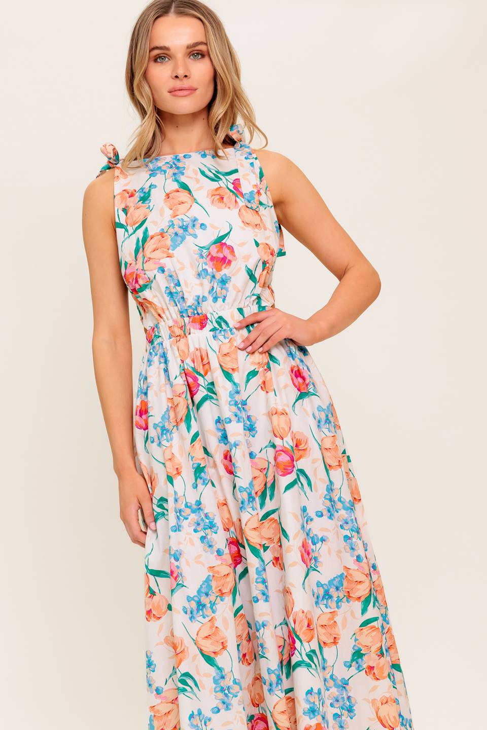 WHISPERING FLORA WOVEN MIDI DRESS