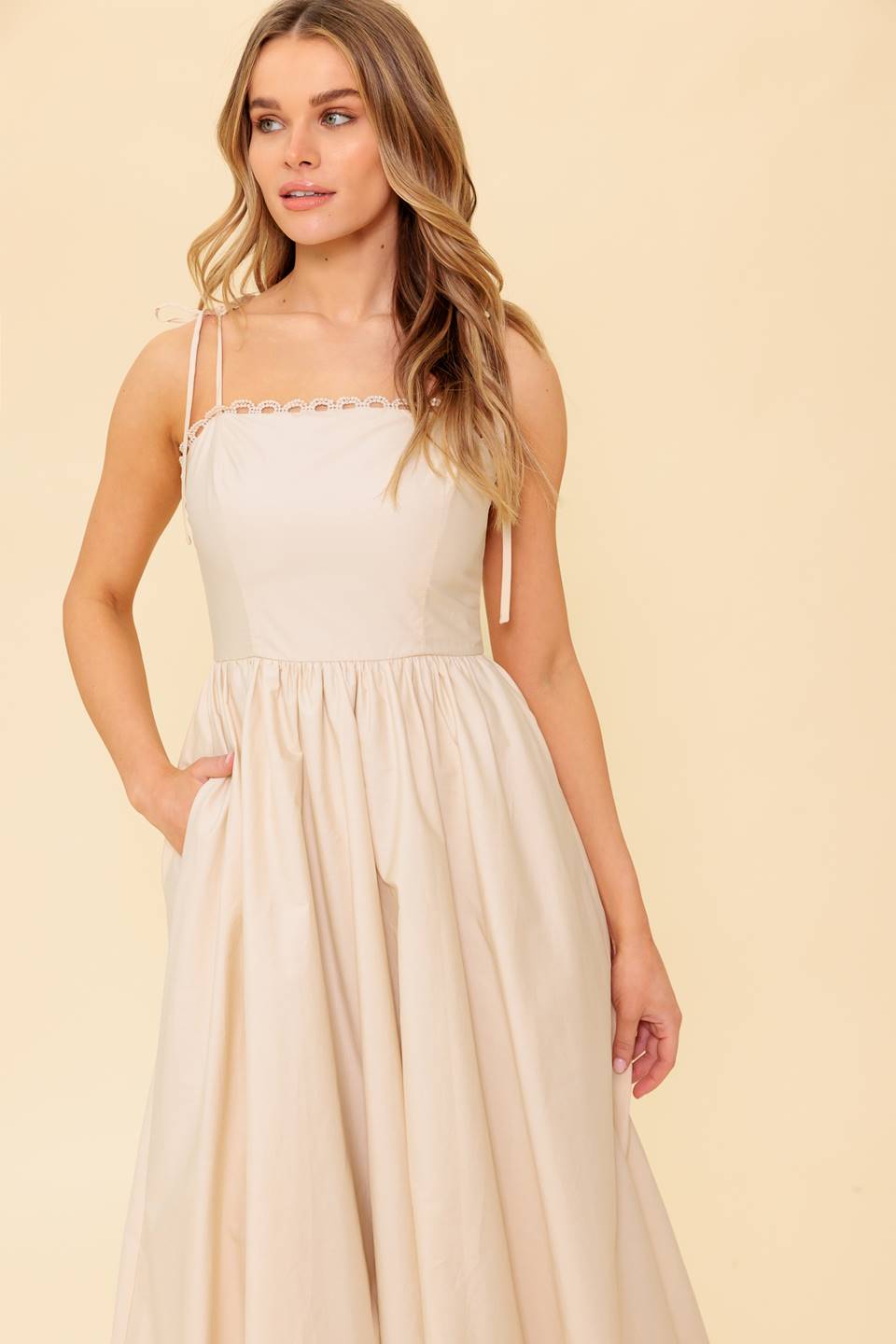 REGAL CUTIE CREAM WOVEN MIDI DRESS