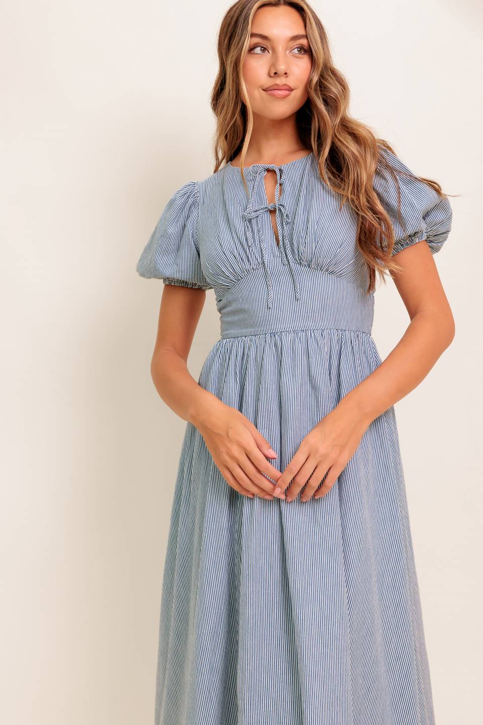 COZY GARDEN IVORY BLUE WOVEN MIDI DRESS