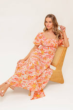 OCEAN FLORALS CORAL WOVEN MIDI DRESS