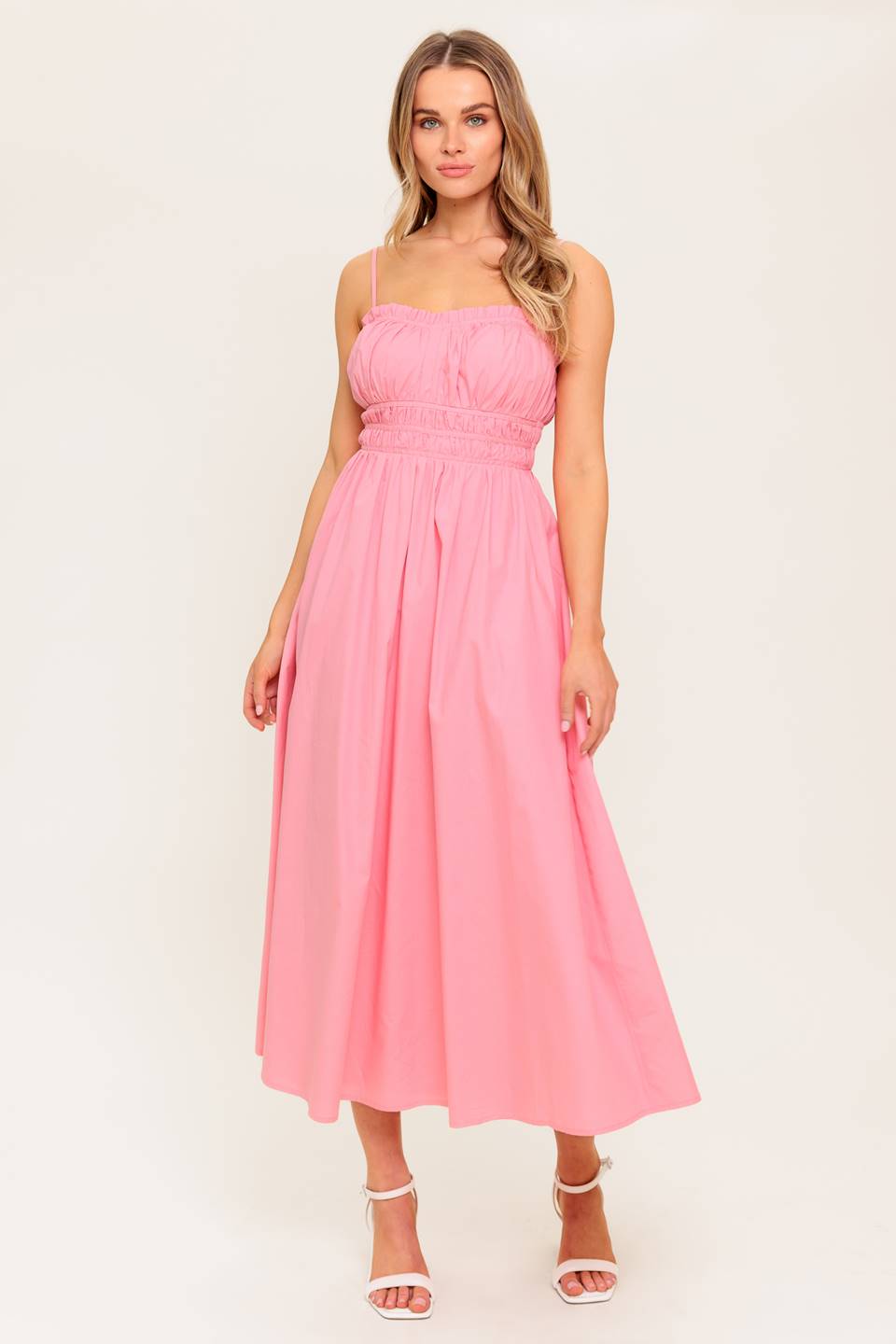 HONEY SUNSET PINK WOVEN MIDI DRESS