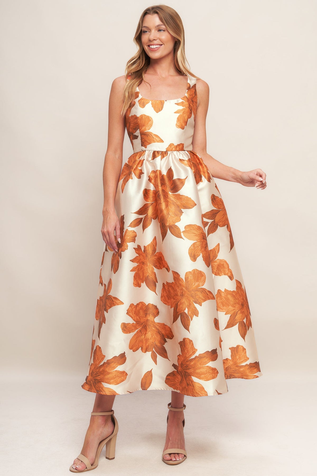 AUTUMNAL FLORAL WOVEN MIDI DRESS