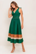 FOREST CHARM WOVEN COLOR BLOCKED MIDI DRESS