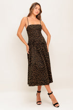 WALK SOFT, STRIKE STRONG LEOPARD WOVEN MIDI DRESS