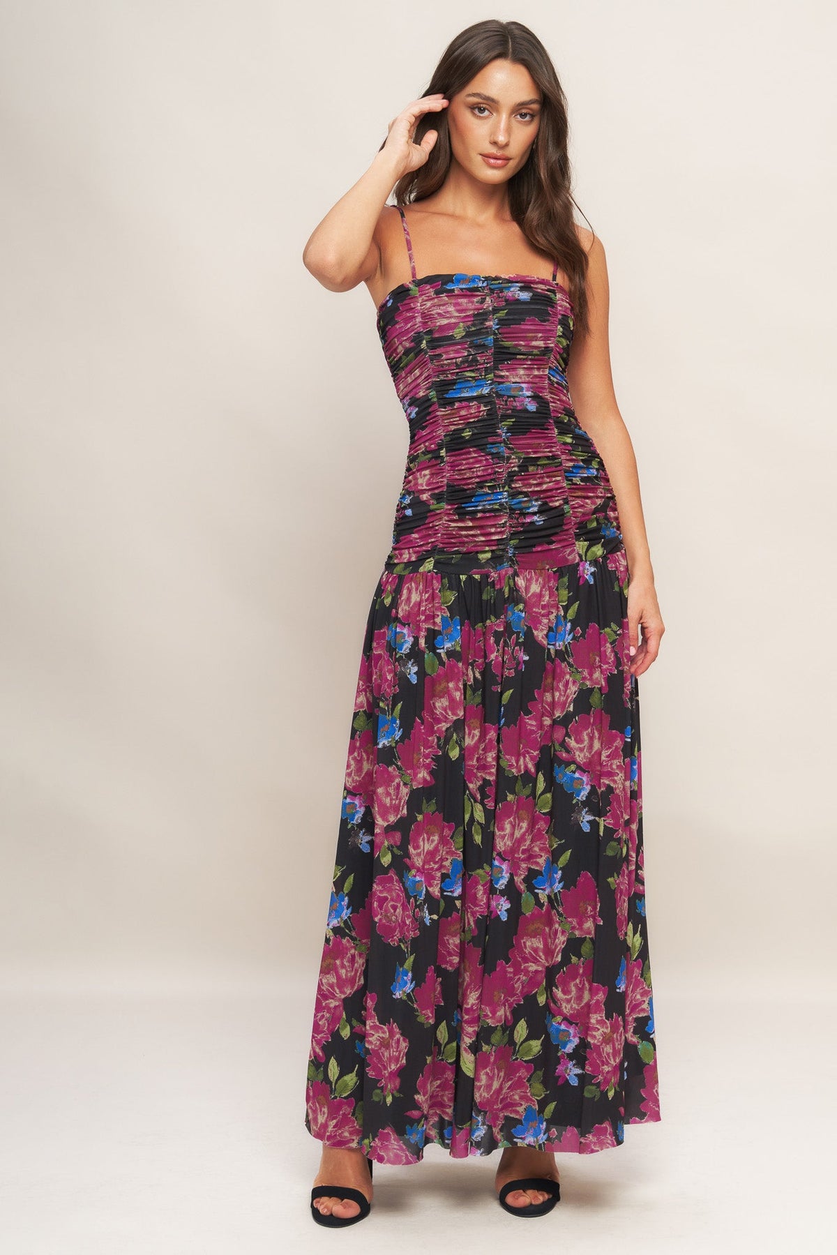 NIGHT FLORIST POWER MESH MAXI DRESS