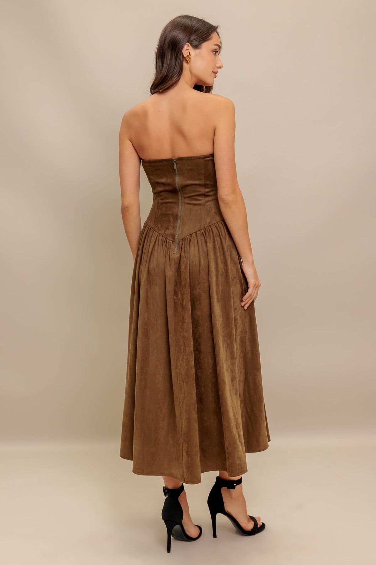 WILD ESPRESSO FAUX SUEDE MIDI DRESS